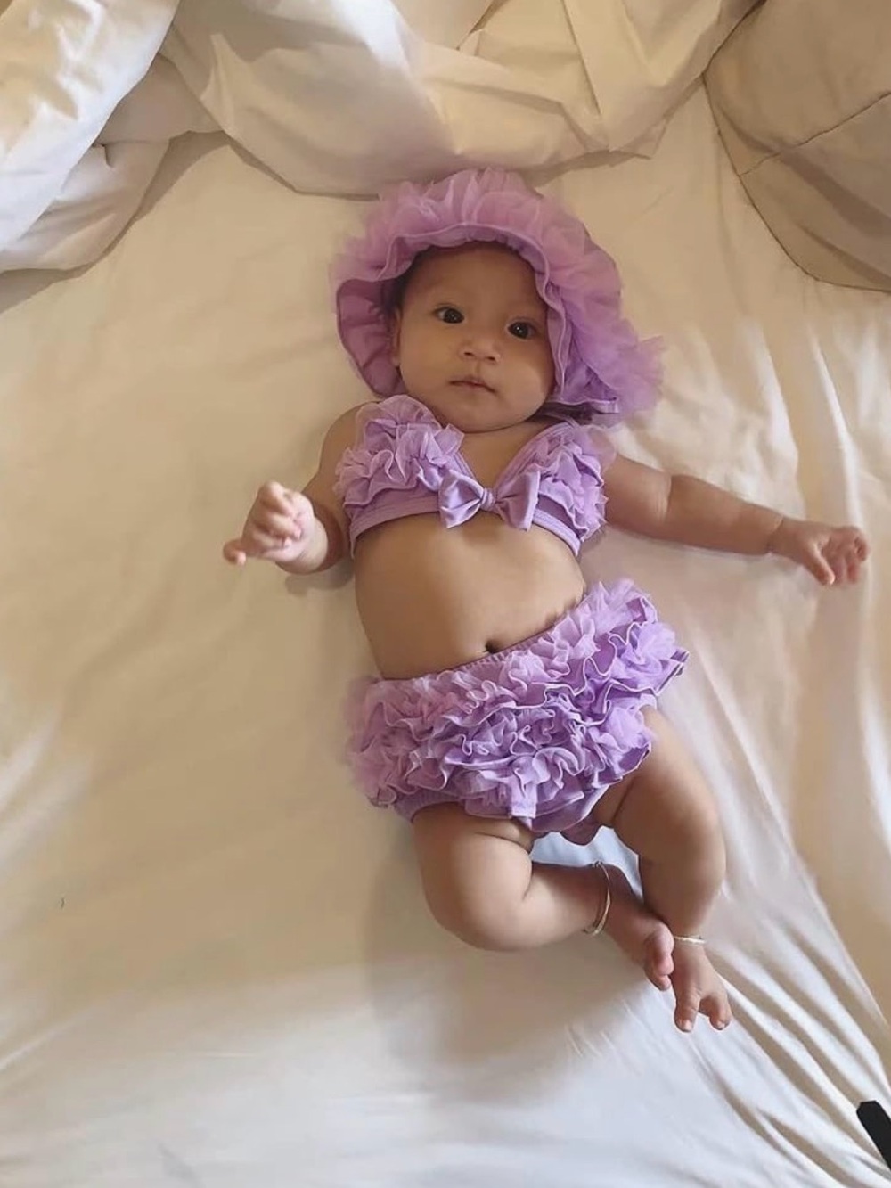 Kids Lavender Ruffle Bikini Set with Swim Cap